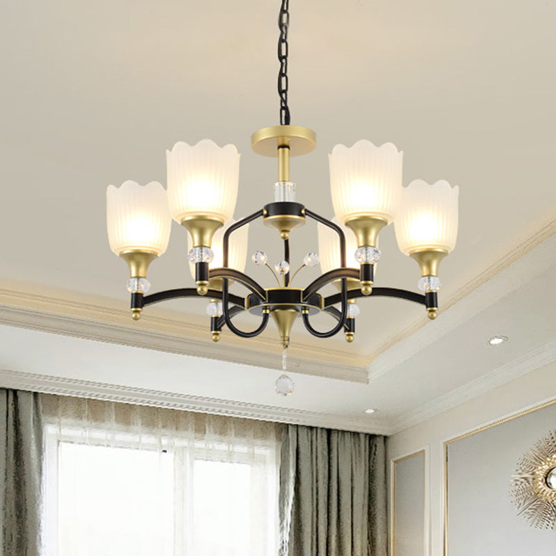 Opal Glass Scalloped Suspension Lighting Fixture Traditional 3/6-Head Bedroom Chandelier Light in Black and Gold Clearhalo 'Ceiling Lights' 'Chandeliers' Lighting' options 1031745