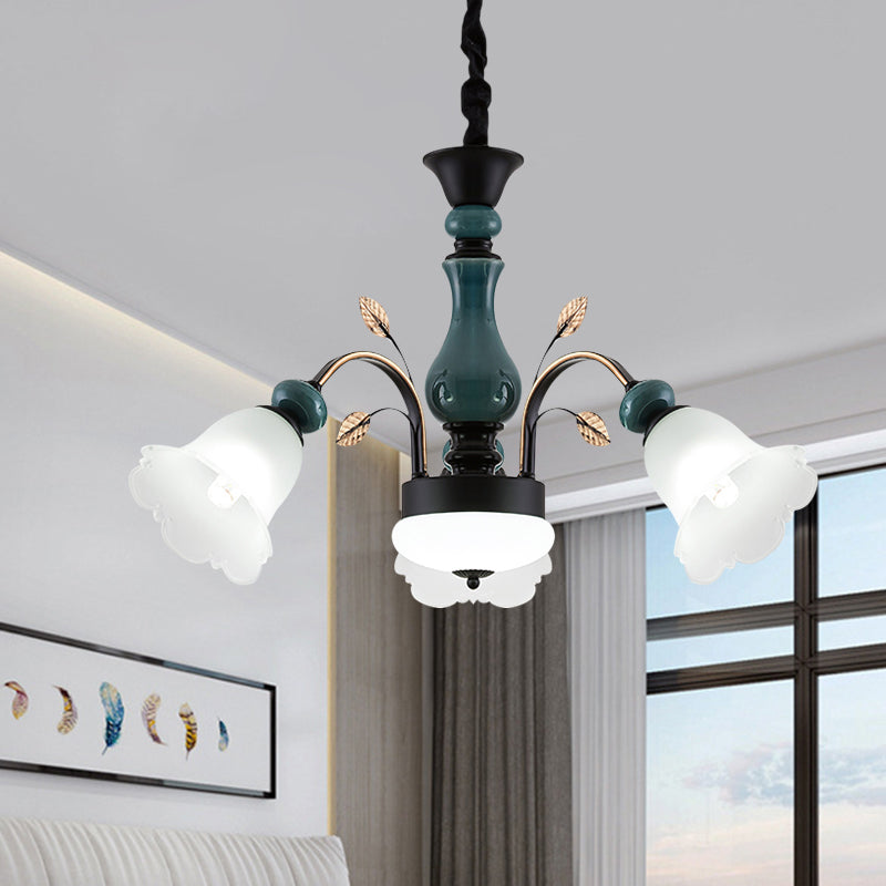 Bowl Metal Down Pendant Chandelier Countryside 3-Light Dining Room Hanging Lamp with Bloom Opaline Glass Shade in Green Clearhalo 'Ceiling Lights' 'Chandeliers' Lighting' options 1031749