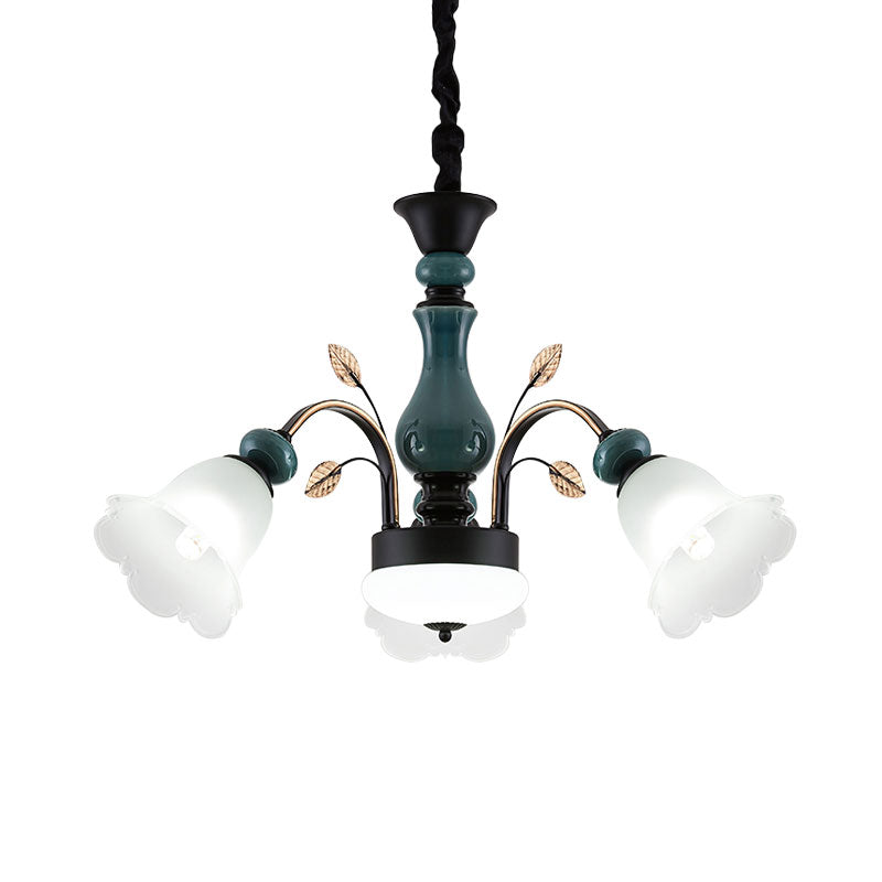 Bowl Metal Down Pendant Chandelier Countryside 3-Light Dining Room Hanging Lamp with Bloom Opaline Glass Shade in Green Clearhalo 'Ceiling Lights' 'Chandeliers' Lighting' options 1031751