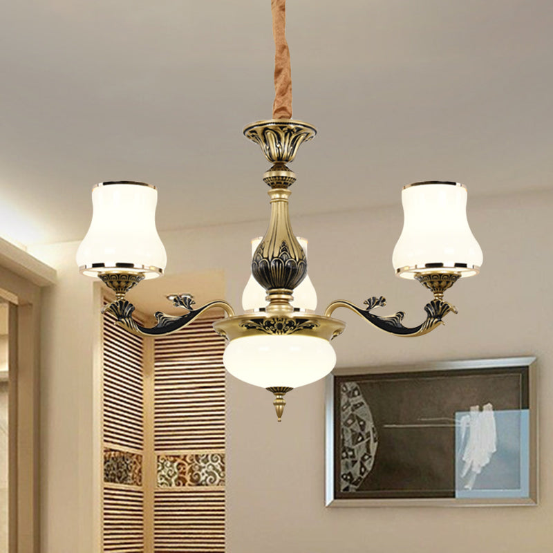 Minimalism Trumpet Pendant Light 3/6 Bulbs Milky Glass Hanging Chandelier with Curvy Arm in Black-Gold for Living Room 3 Black-Gold Clearhalo 'Ceiling Lights' 'Chandeliers' Lighting' options 1031757_ba651149-c00b-4d2d-bb24-59da36af339d