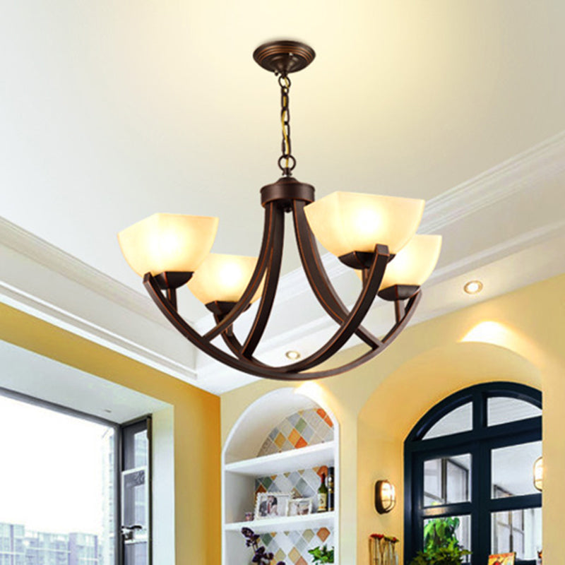 4/6 Heads Ceiling Chandelier Classic Trapezoidal Milk Glass Hanging Pendant with Arc Arm in Bronze for Bedroom Clearhalo 'Ceiling Lights' 'Chandeliers' Lighting' options 1031762