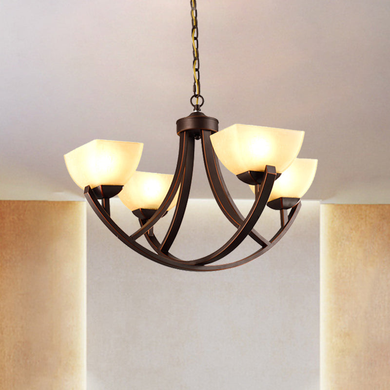 4/6 Heads Ceiling Chandelier Classic Trapezoidal Milk Glass Hanging Pendant with Arc Arm in Bronze for Bedroom Clearhalo 'Ceiling Lights' 'Chandeliers' Lighting' options 1031763