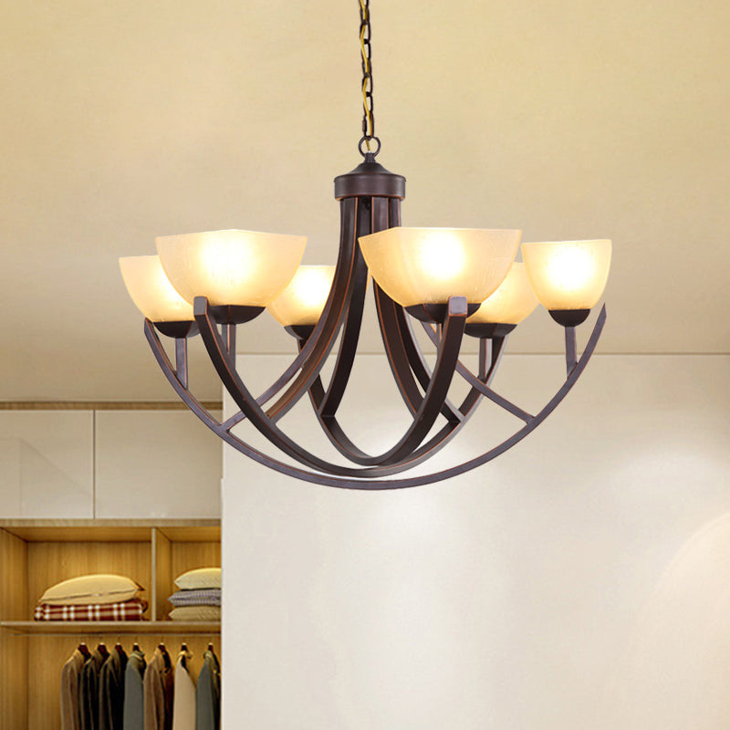 4/6 Heads Ceiling Chandelier Classic Trapezoidal Milk Glass Hanging Pendant with Arc Arm in Bronze for Bedroom Clearhalo 'Ceiling Lights' 'Chandeliers' Lighting' options 1031767