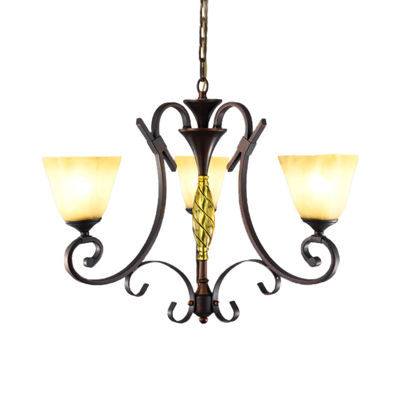 Opal Glass Bell Suspension Lighting Vintage 3-Light Living Room Chandelier with Swirled Arm in Bronze Clearhalo 'Ceiling Lights' 'Chandeliers' Lighting' options 1031773