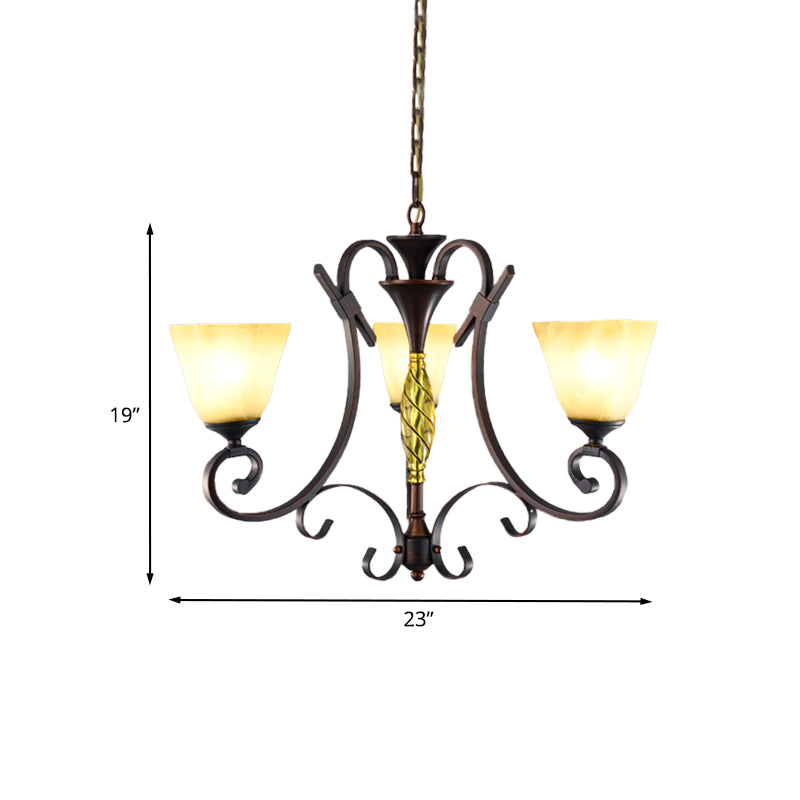 Opal Glass Bell Suspension Lighting Vintage 3-Light Living Room Chandelier with Swirled Arm in Bronze Clearhalo 'Ceiling Lights' 'Chandeliers' Lighting' options 1031774