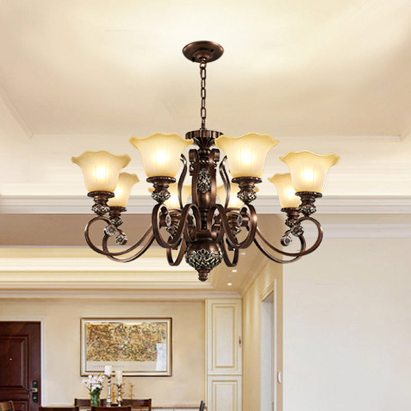 Countryside Bloom Pendant Chandelier 8 Bulbs Opaline Glass Hanging Lamp with Scrolled Arm in Bronze for Living Room Bronze Clearhalo 'Ceiling Lights' 'Chandeliers' Lighting' options 1031775_78484122-97b5-411b-bce4-08918436735f