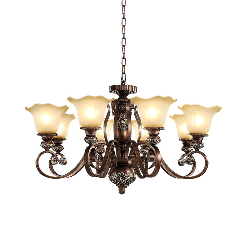 Countryside Bloom Pendant Chandelier 8 Bulbs Opaline Glass Hanging Lamp with Scrolled Arm in Bronze for Living Room Clearhalo 'Ceiling Lights' 'Chandeliers' Lighting' options 1031776