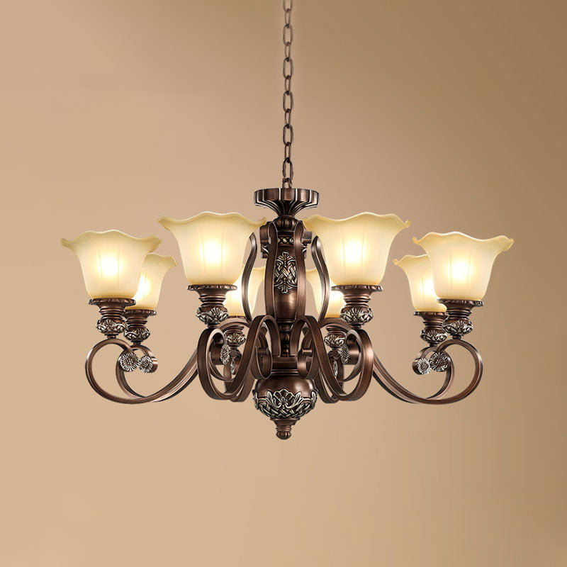 Countryside Bloom Pendant Chandelier 8 Bulbs Opaline Glass Hanging Lamp with Scrolled Arm in Bronze for Living Room Clearhalo 'Ceiling Lights' 'Chandeliers' Lighting' options 1031777