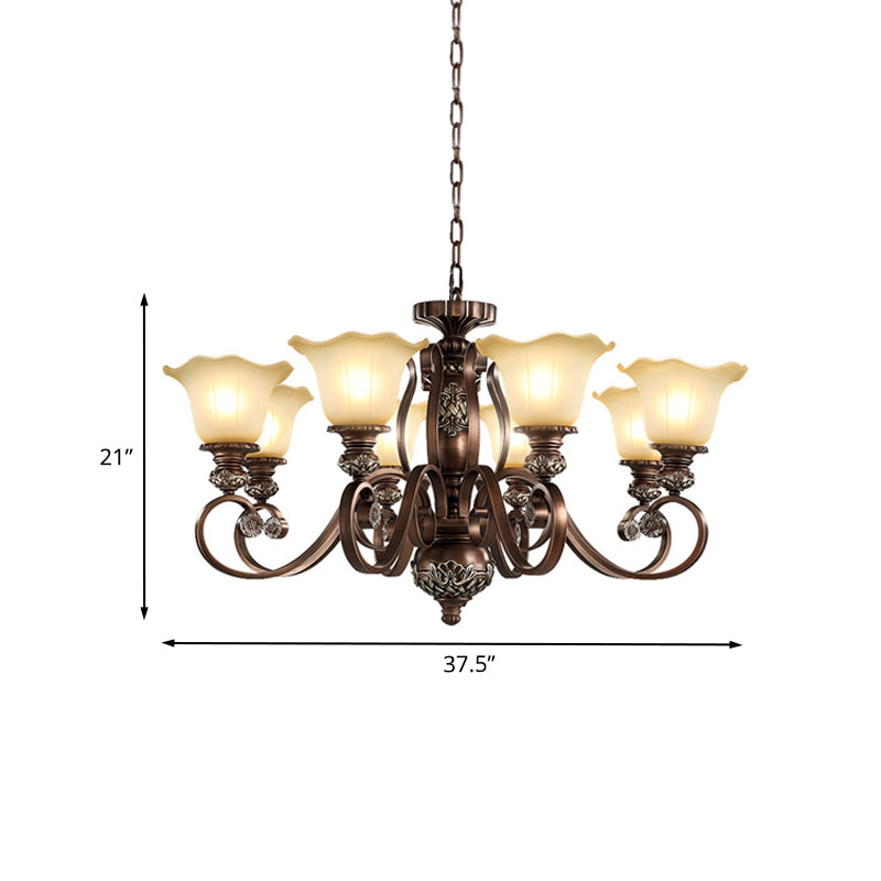 Countryside Bloom Pendant Chandelier 8 Bulbs Opaline Glass Hanging Lamp with Scrolled Arm in Bronze for Living Room Clearhalo 'Ceiling Lights' 'Chandeliers' Lighting' options 1031778