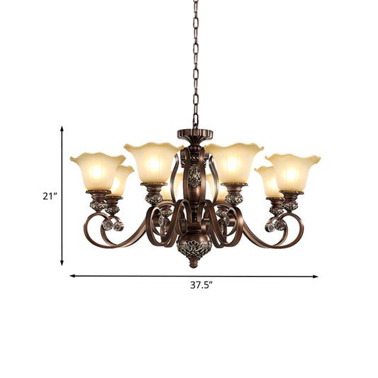 Countryside Bloom Pendant Chandelier 8 Bulbs Opaline Glass Hanging Lamp with Scrolled Arm in Bronze for Living Room Clearhalo 'Ceiling Lights' 'Chandeliers' Lighting' options 1031778