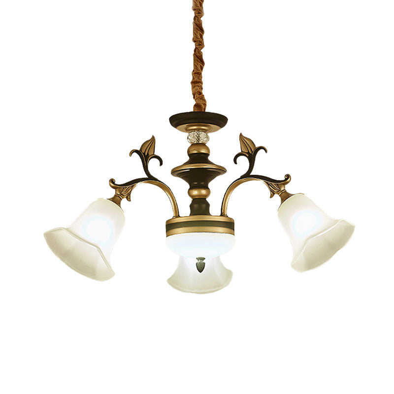 Black-Gold Flower-Like Suspension Lighting Traditional Milky Glass 3/6/8 Heads Dining Room Down Hanging Chandelier Clearhalo 'Ceiling Lights' 'Chandeliers' Lighting' options 1031781