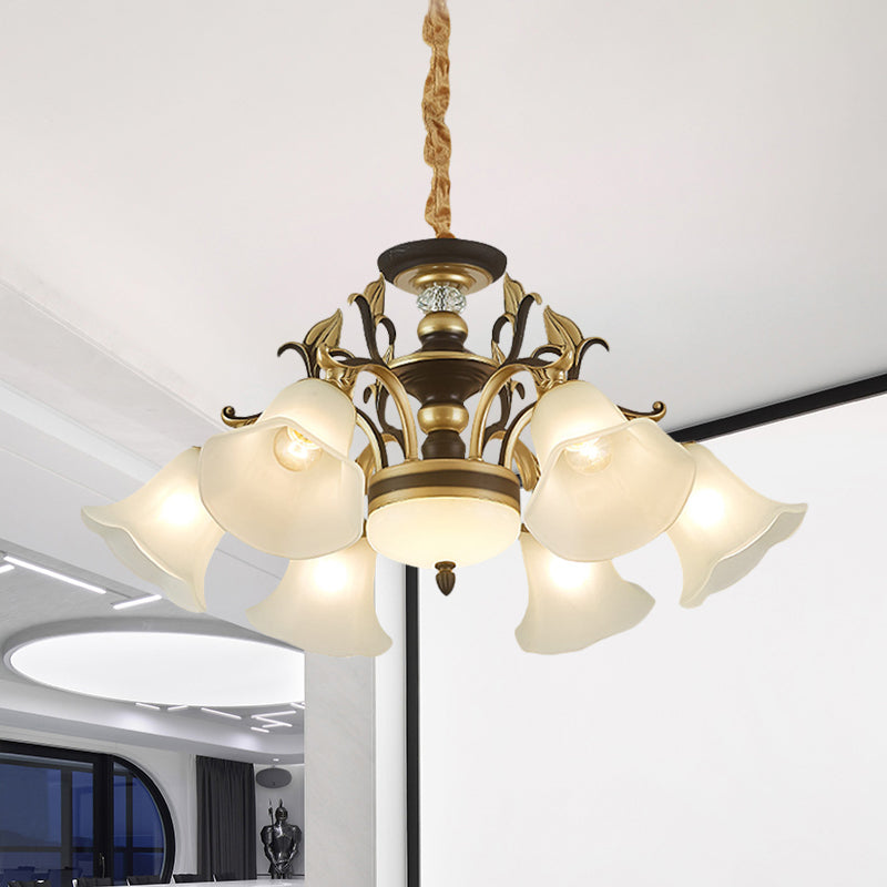 Black-Gold Flower-Like Suspension Lighting Traditional Milky Glass 3/6/8 Heads Dining Room Down Hanging Chandelier Clearhalo 'Ceiling Lights' 'Chandeliers' Lighting' options 1031783