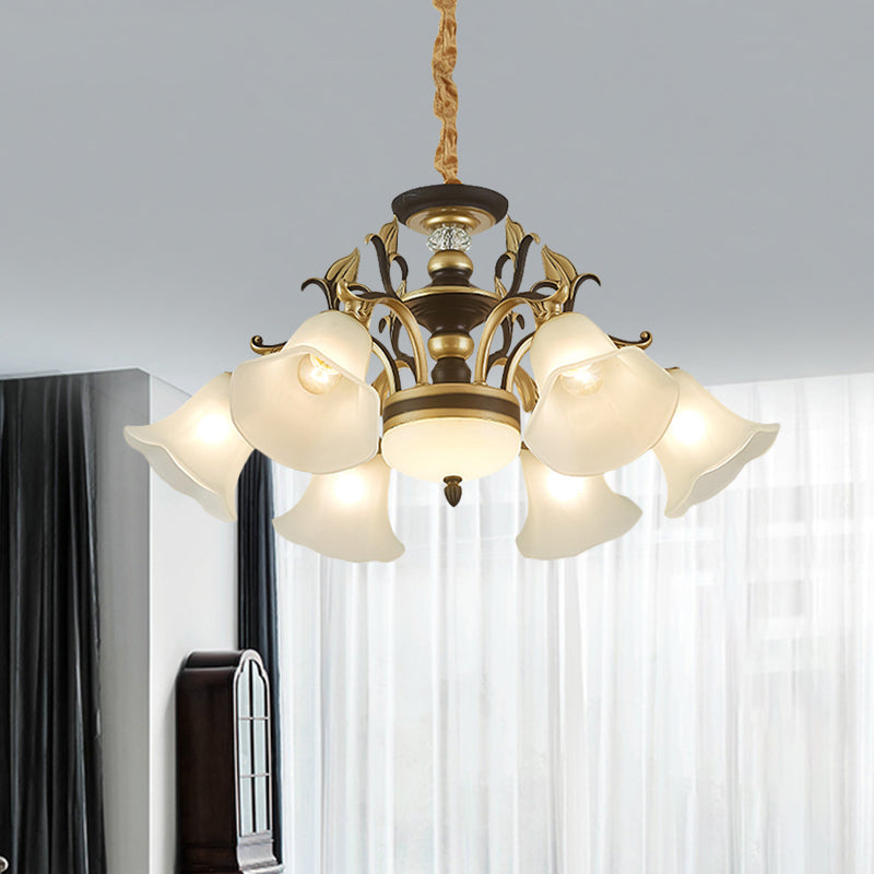 Black-Gold Flower-Like Suspension Lighting Traditional Milky Glass 3/6/8 Heads Dining Room Down Hanging Chandelier Clearhalo 'Ceiling Lights' 'Chandeliers' Lighting' options 1031784