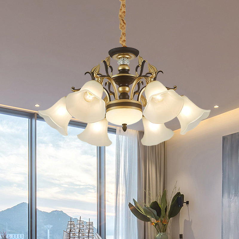 Black-Gold Flower-Like Suspension Lighting Traditional Milky Glass 3/6/8 Heads Dining Room Down Hanging Chandelier Clearhalo 'Ceiling Lights' 'Chandeliers' Lighting' options 1031785