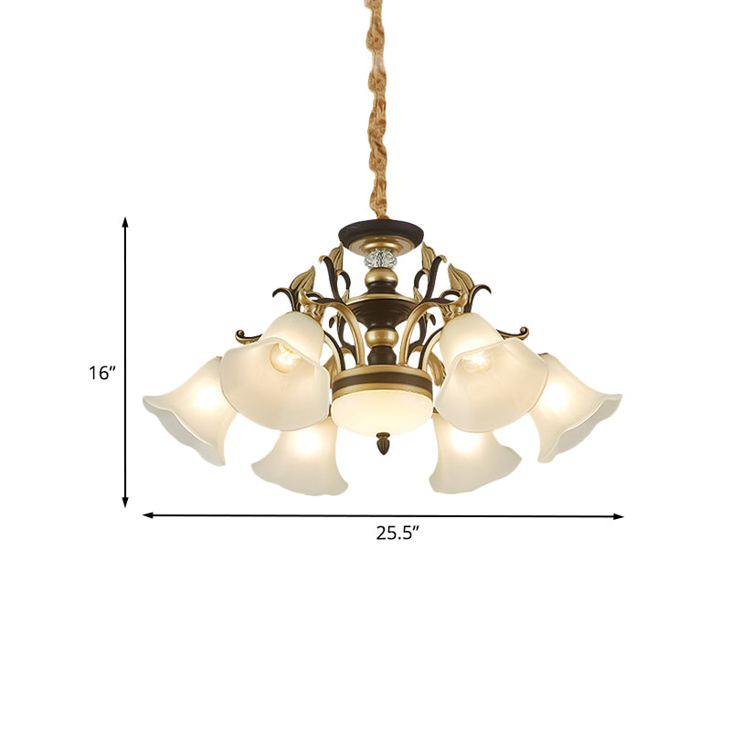 Black-Gold Flower-Like Suspension Lighting Traditional Milky Glass 3/6/8 Heads Dining Room Down Hanging Chandelier Clearhalo 'Ceiling Lights' 'Chandeliers' Lighting' options 1031787