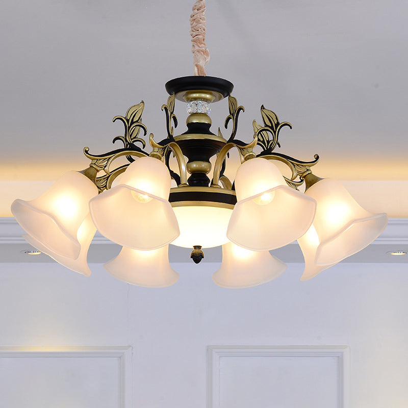 Black-Gold Flower-Like Suspension Lighting Traditional Milky Glass 3/6/8 Heads Dining Room Down Hanging Chandelier 8 Black-Gold Clearhalo 'Ceiling Lights' 'Chandeliers' Lighting' options 1031788_4d2cd445-0272-41c7-b802-3372c826e436