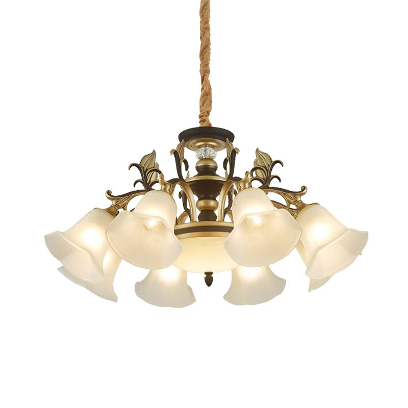 Black-Gold Flower-Like Suspension Lighting Traditional Milky Glass 3/6/8 Heads Dining Room Down Hanging Chandelier Clearhalo 'Ceiling Lights' 'Chandeliers' Lighting' options 1031790