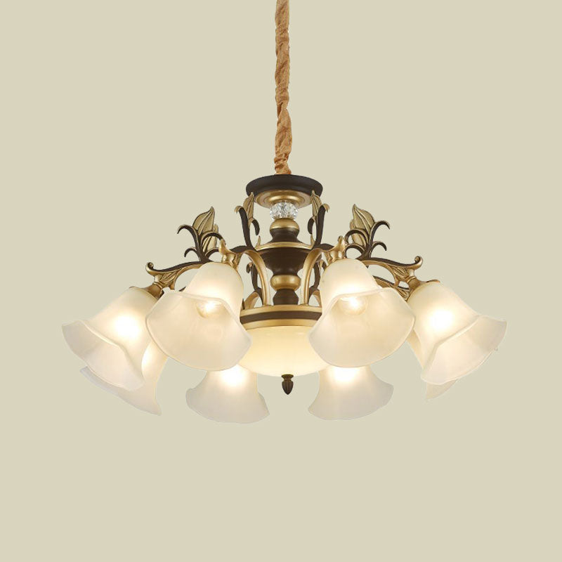 Black-Gold Flower-Like Suspension Lighting Traditional Milky Glass 3/6/8 Heads Dining Room Down Hanging Chandelier Clearhalo 'Ceiling Lights' 'Chandeliers' Lighting' options 1031791