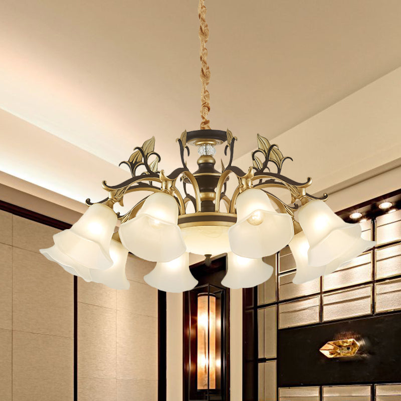 Black-Gold Flower-Like Suspension Lighting Traditional Milky Glass 3/6/8 Heads Dining Room Down Hanging Chandelier Clearhalo 'Ceiling Lights' 'Chandeliers' Lighting' options 1031793