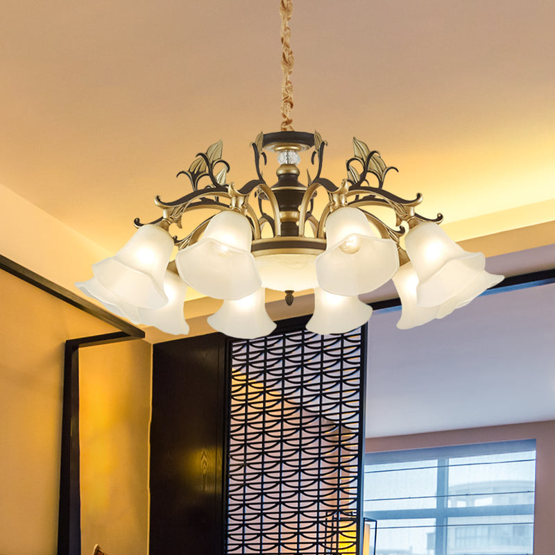 Black-Gold Flower-Like Suspension Lighting Traditional Milky Glass 3/6/8 Heads Dining Room Down Hanging Chandelier Clearhalo 'Ceiling Lights' 'Chandeliers' Lighting' options 1031795