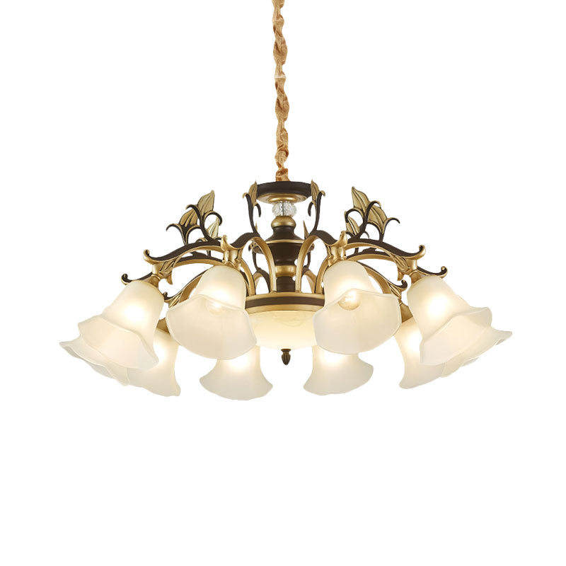 Black-Gold Flower-Like Suspension Lighting Traditional Milky Glass 3/6/8 Heads Dining Room Down Hanging Chandelier Clearhalo 'Ceiling Lights' 'Chandeliers' Lighting' options 1031796