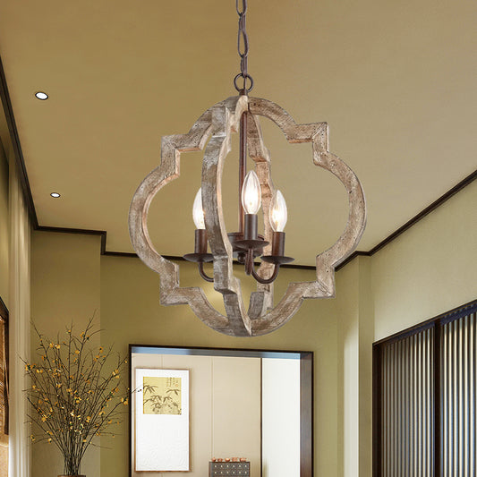 4 Lights Candle-Style Ceiling Chandelier Countryside Beige Wood Pendant Lamp with Globe Cage Clearhalo 'Ceiling Lights' 'Chandeliers' Lighting' options 1031799