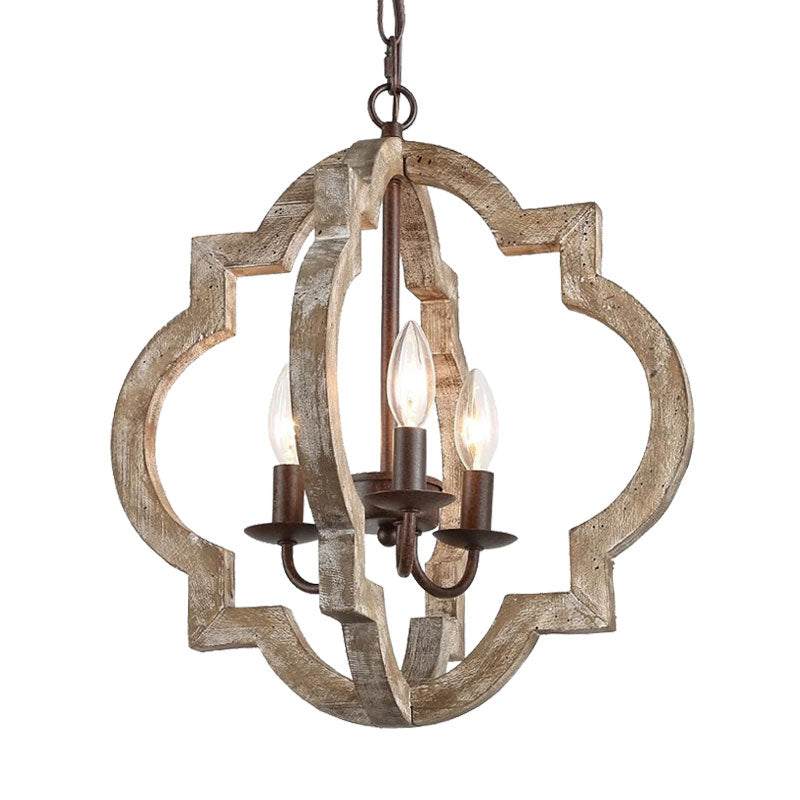 4 Lights Candle-Style Ceiling Chandelier Countryside Beige Wood Pendant Lamp with Globe Cage Clearhalo 'Ceiling Lights' 'Chandeliers' Lighting' options 1031800