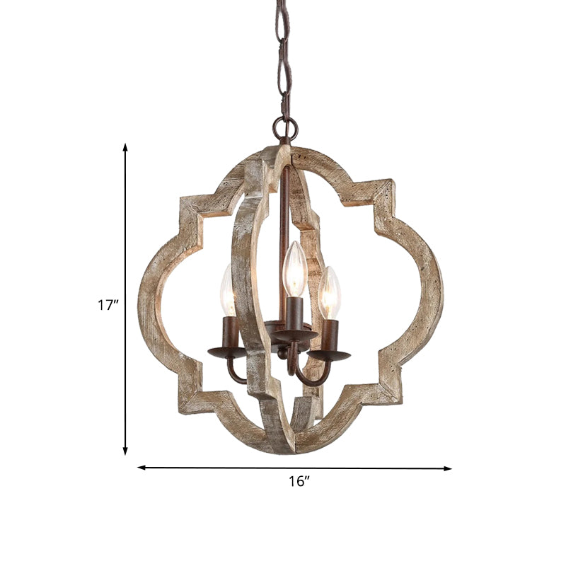 4 Lights Candle-Style Ceiling Chandelier Countryside Beige Wood Pendant Lamp with Globe Cage Clearhalo 'Ceiling Lights' 'Chandeliers' Lighting' options 1031801