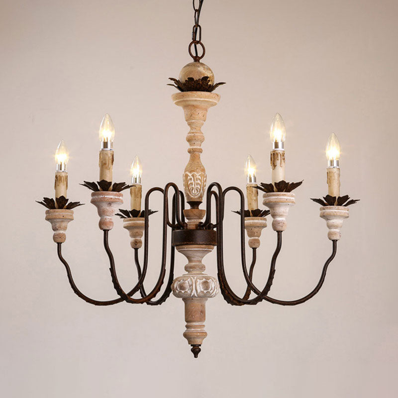 Candelabra Wood Hanging Light with Gooseneck Arm Minimalism 6-Bulb Restaurant Chandelier Lighting in Beige Clearhalo 'Ceiling Lights' 'Chandeliers' Lighting' options 1031804