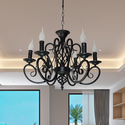 6/8-Bulb Ceiling Chandelier Minimalism Candle Style Metallic Hanging Light Kit with Swirled Arm in Black Clearhalo 'Ceiling Lights' 'Chandeliers' Lighting' options 1031814