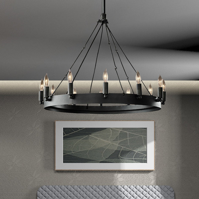 Candle Iron Suspension Lamp Countryside 12-Head Coffee Shop Wagon Wheel Chandelier Lighting in Black Clearhalo 'Ceiling Lights' 'Chandeliers' Lighting' options 1031824