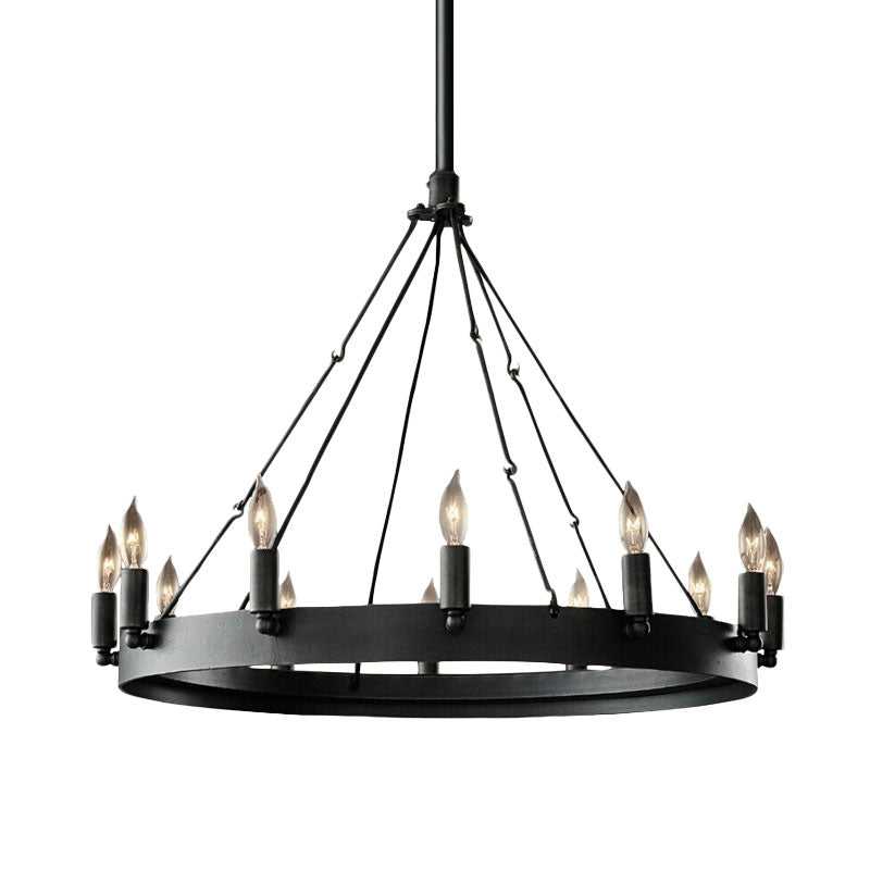 Candle Iron Suspension Lamp Countryside 12-Head Coffee Shop Wagon Wheel Chandelier Lighting in Black Clearhalo 'Ceiling Lights' 'Chandeliers' Lighting' options 1031825