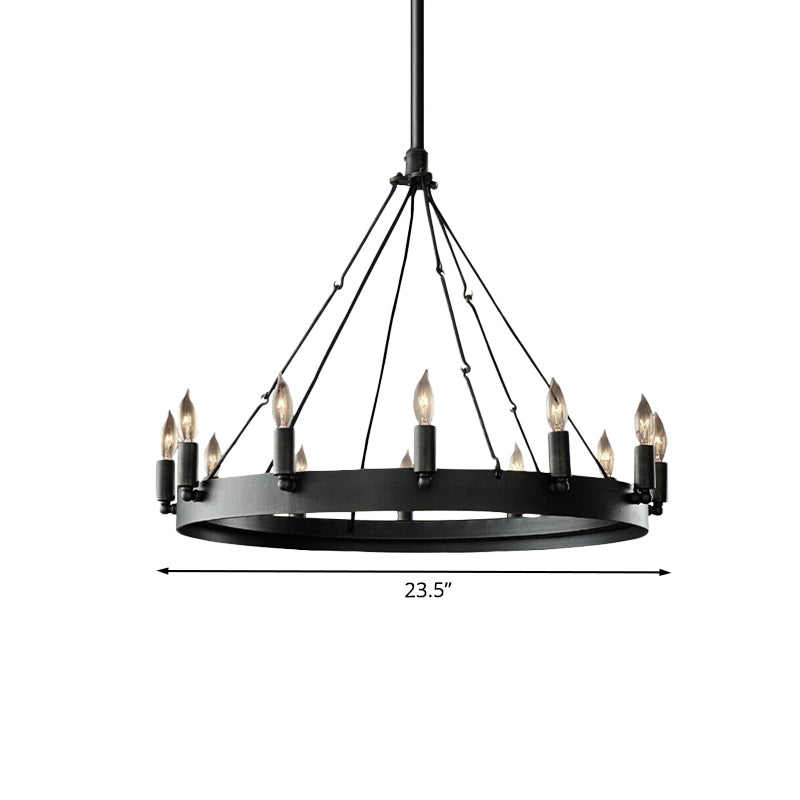 Candle Iron Suspension Lamp Countryside 12-Head Coffee Shop Wagon Wheel Chandelier Lighting in Black Clearhalo 'Ceiling Lights' 'Chandeliers' Lighting' options 1031826