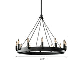 Candle Iron Suspension Lamp Countryside 12-Head Coffee Shop Wagon Wheel Chandelier Lighting in Black Clearhalo 'Ceiling Lights' 'Chandeliers' Lighting' options 1031826