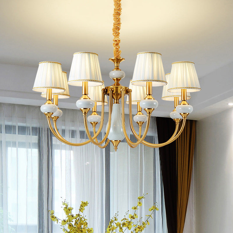 Gold Tapered Pleated Pendant Chandelier Traditional Fabric 8-Light Dining Room Hanging Ceiling Lighting Clearhalo 'Ceiling Lights' 'Chandeliers' Lighting' options 1031827