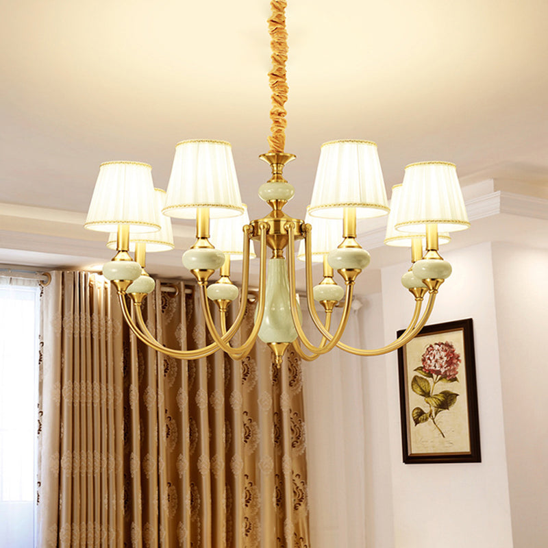 Gold Tapered Pleated Pendant Chandelier Traditional Fabric 8-Light Dining Room Hanging Ceiling Lighting Clearhalo 'Ceiling Lights' 'Chandeliers' Lighting' options 1031828