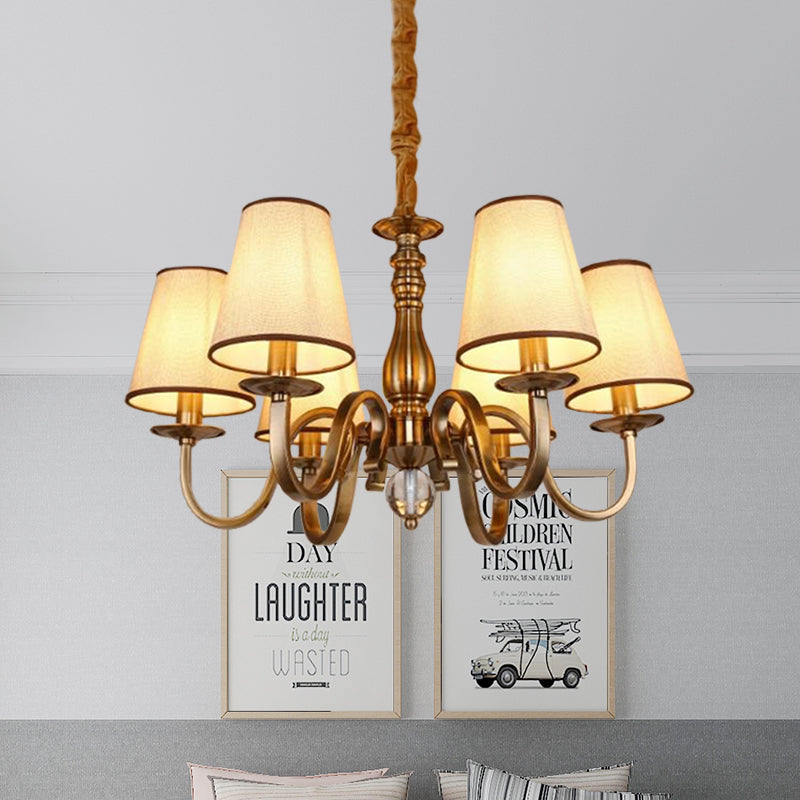 Vintage Cone Suspension Light 6/8 Bulbs Fabric Hanging Chandelier with Curving Arm in Brass for Living Room Clearhalo 'Ceiling Lights' 'Chandeliers' Lighting' options 1031832