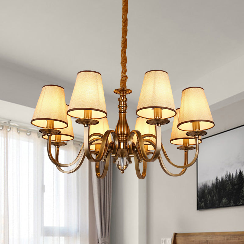 Vintage Cone Suspension Light 6/8 Bulbs Fabric Hanging Chandelier with Curving Arm in Brass for Living Room 8 Brass Clearhalo 'Ceiling Lights' 'Chandeliers' Lighting' options 1031835_5ed36faa-35dc-4f66-85f6-2bb751ec0b09