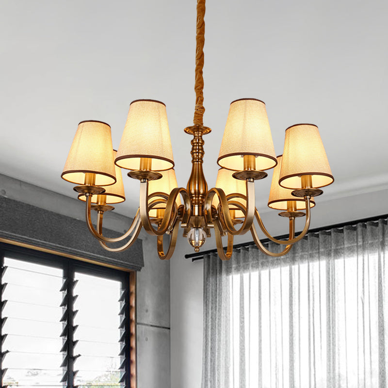 Vintage Cone Suspension Light 6/8 Bulbs Fabric Hanging Chandelier with Curving Arm in Brass for Living Room Clearhalo 'Ceiling Lights' 'Chandeliers' Lighting' options 1031837