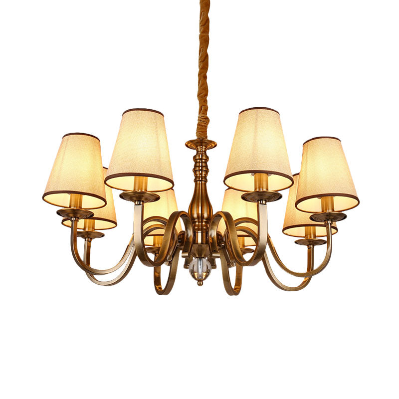 Vintage Cone Suspension Light 6/8 Bulbs Fabric Hanging Chandelier with Curving Arm in Brass for Living Room Clearhalo 'Ceiling Lights' 'Chandeliers' Lighting' options 1031838