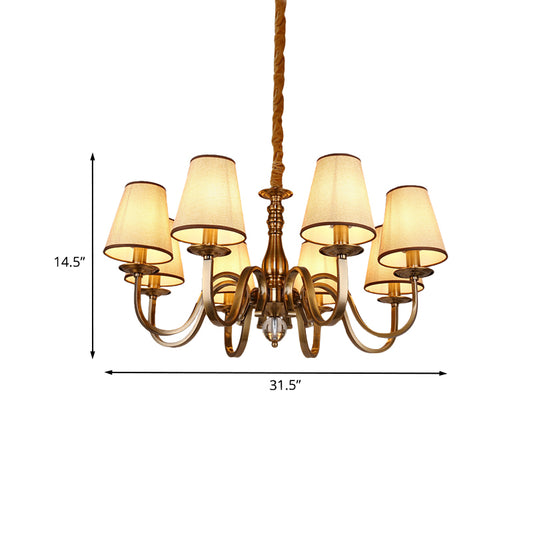 Vintage Cone Suspension Light 6/8 Bulbs Fabric Hanging Chandelier with Curving Arm in Brass for Living Room Clearhalo 'Ceiling Lights' 'Chandeliers' Lighting' options 1031839