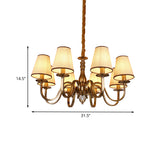 Vintage Cone Suspension Light 6/8 Bulbs Fabric Hanging Chandelier with Curving Arm in Brass for Living Room Clearhalo 'Ceiling Lights' 'Chandeliers' Lighting' options 1031839