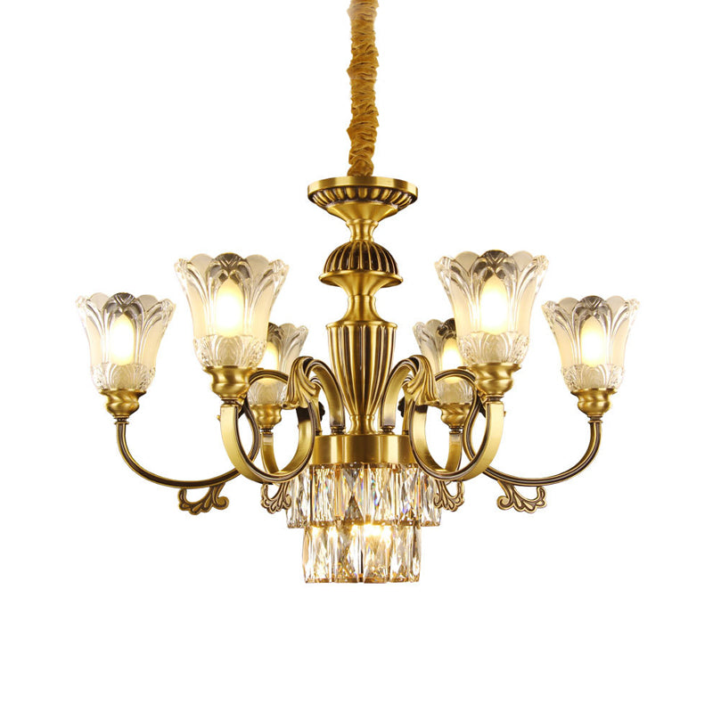 Mid-Century Floral Shade Pendant Chandelier 9-Head Prismatic Optical Crystal Pendulum Light in Brass Clearhalo 'Ceiling Lights' 'Chandeliers' Lighting' options 1031853