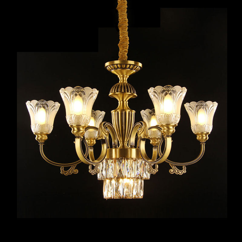 Mid-Century Floral Shade Pendant Chandelier 9-Head Prismatic Optical Crystal Pendulum Light in Brass Clearhalo 'Ceiling Lights' 'Chandeliers' Lighting' options 1031854