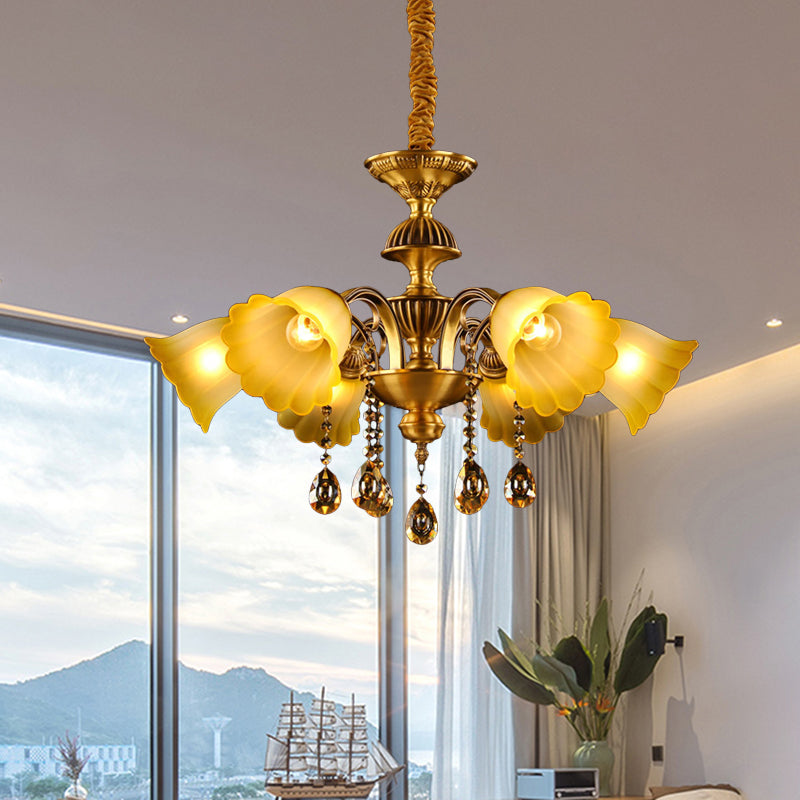 Floral Shade Hanging Chandelier European 6 Bulbs Glass Hanging Pendant Light in Brass Clearhalo 'Ceiling Lights' 'Chandeliers' Lighting' options 1031856