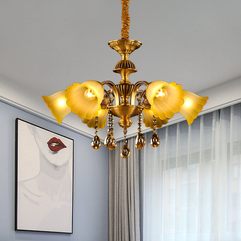 Floral Shade Hanging Chandelier European 6 Bulbs Glass Hanging Pendant Light in Brass Clearhalo 'Ceiling Lights' 'Chandeliers' Lighting' options 1031857