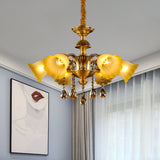 Floral Shade Hanging Chandelier European 6 Bulbs Glass Hanging Pendant Light in Brass Clearhalo 'Ceiling Lights' 'Chandeliers' Lighting' options 1031857