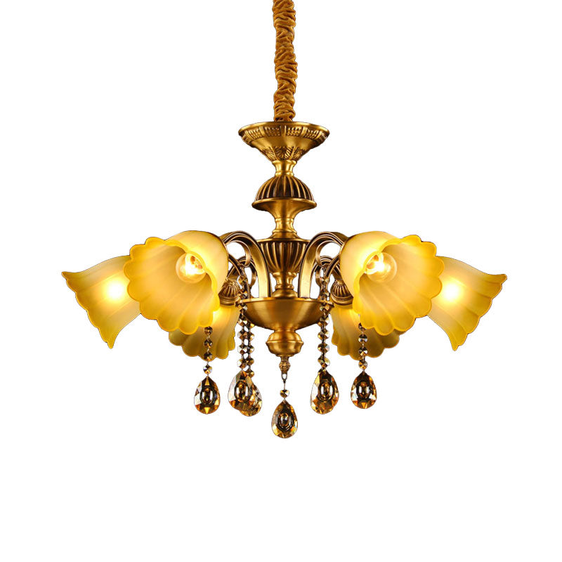 Floral Shade Hanging Chandelier European 6 Bulbs Glass Hanging Pendant Light in Brass Clearhalo 'Ceiling Lights' 'Chandeliers' Lighting' options 1031858