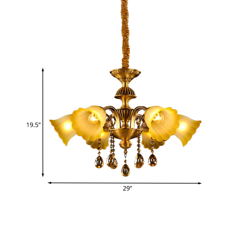 Floral Shade Hanging Chandelier European 6 Bulbs Glass Hanging Pendant Light in Brass Clearhalo 'Ceiling Lights' 'Chandeliers' Lighting' options 1031859