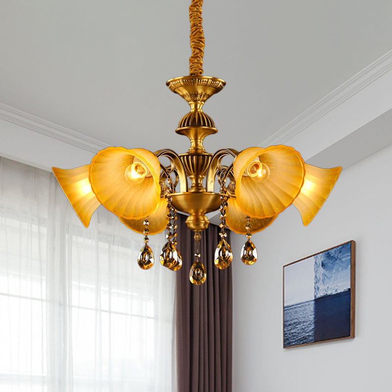 Brass 6 Lights Suspension Lamp Classic Draping Crystal Ball Bell Shade Chandelier Lighting Fixture Clearhalo 'Ceiling Lights' 'Chandeliers' Lighting' options 1031860